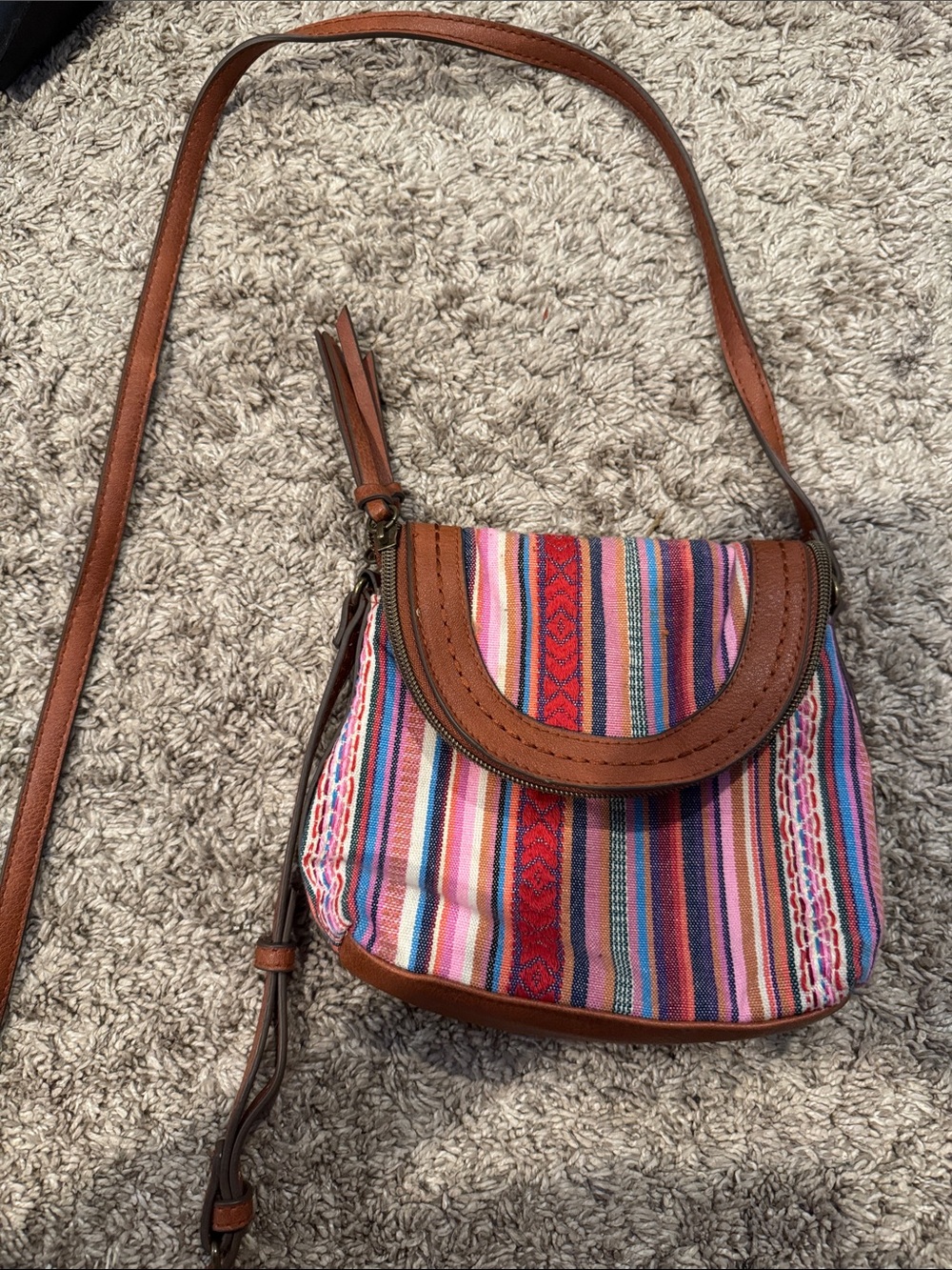 Vintage Handwoven Mayan Multicolor Stripe Crossbody Bag with Brown Trim